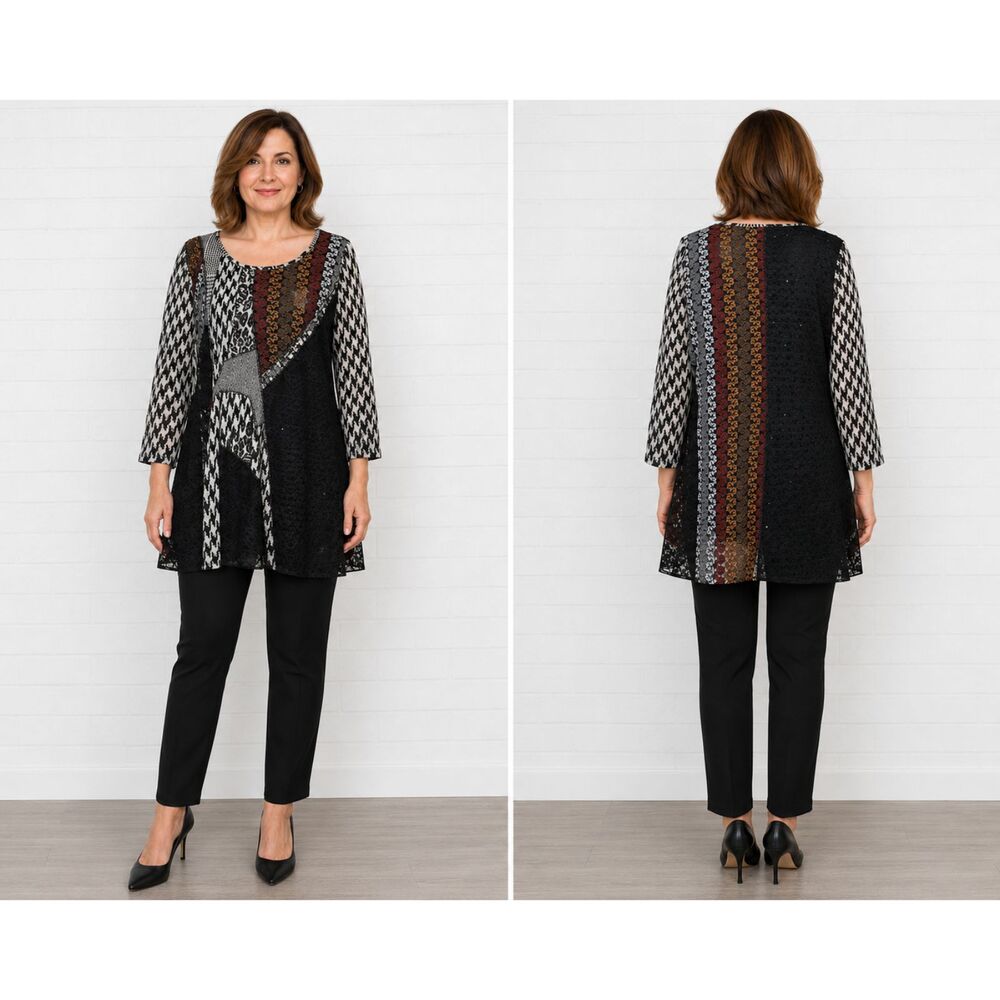 PARIS Large Houndstooth Check Tweed Black Lace Patchwork Boho Tunic Top